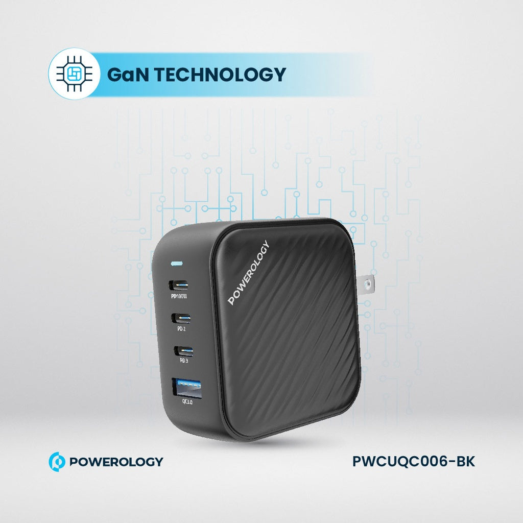 شاحن جداري باورولوجي ب 3 منافذ PD ومنفذ QC3.0 بقدرة 100 واط - اسود | Powerology 3-Port PD + 1 QC3.0 GaN Wall Charger 100W – Black.