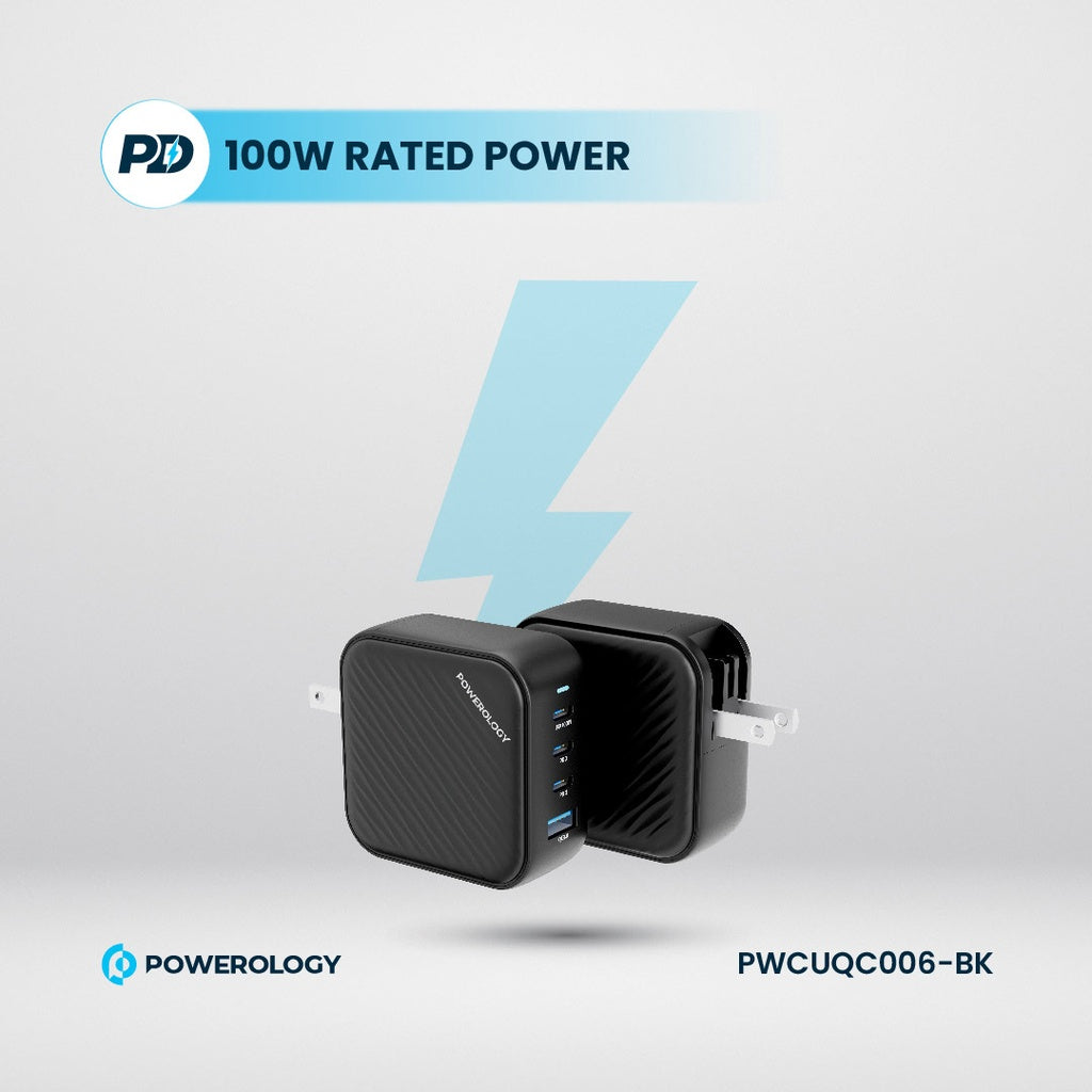 شاحن جداري باورولوجي ب 3 منافذ PD ومنفذ QC3.0 بقدرة 100 واط - اسود | Powerology 3-Port PD + 1 QC3.0 GaN Wall Charger 100W – Black.