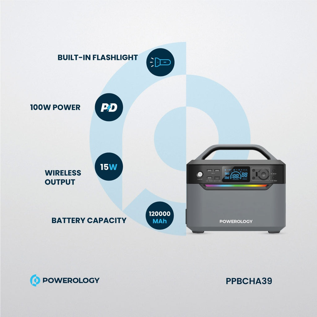 مولد طاقة محمول من باورولوجي, شحن سريع بقدرة 100 واط - اسود | Powerology Portable Power Generator Fast Charging 100W - Black