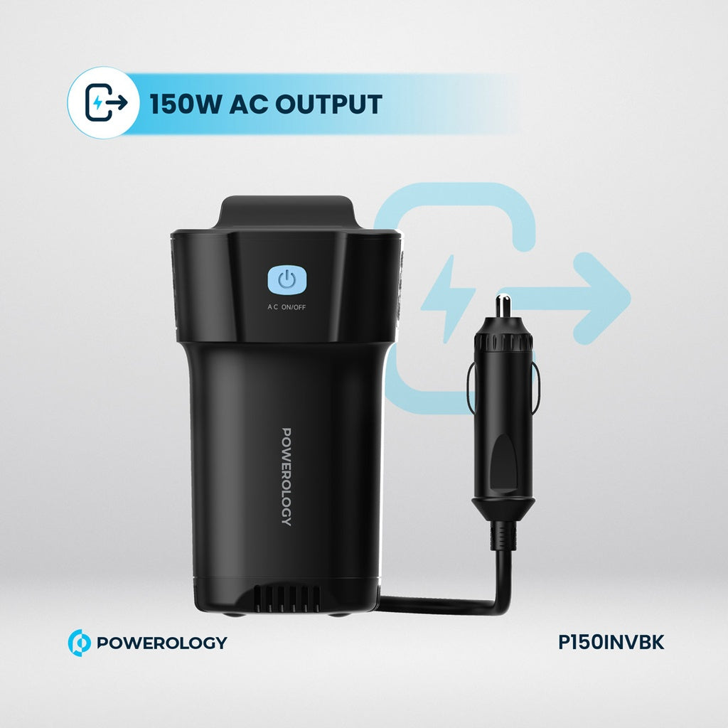 محول السيارة باورولوجي بقدرة 150 واط مع مخرج AC و 2 تايب سي و يو اس بي اي - اسود | Powerology 150W Inverter AC Universal USB A 2*Type-C DC Car 12V 10A - Black.