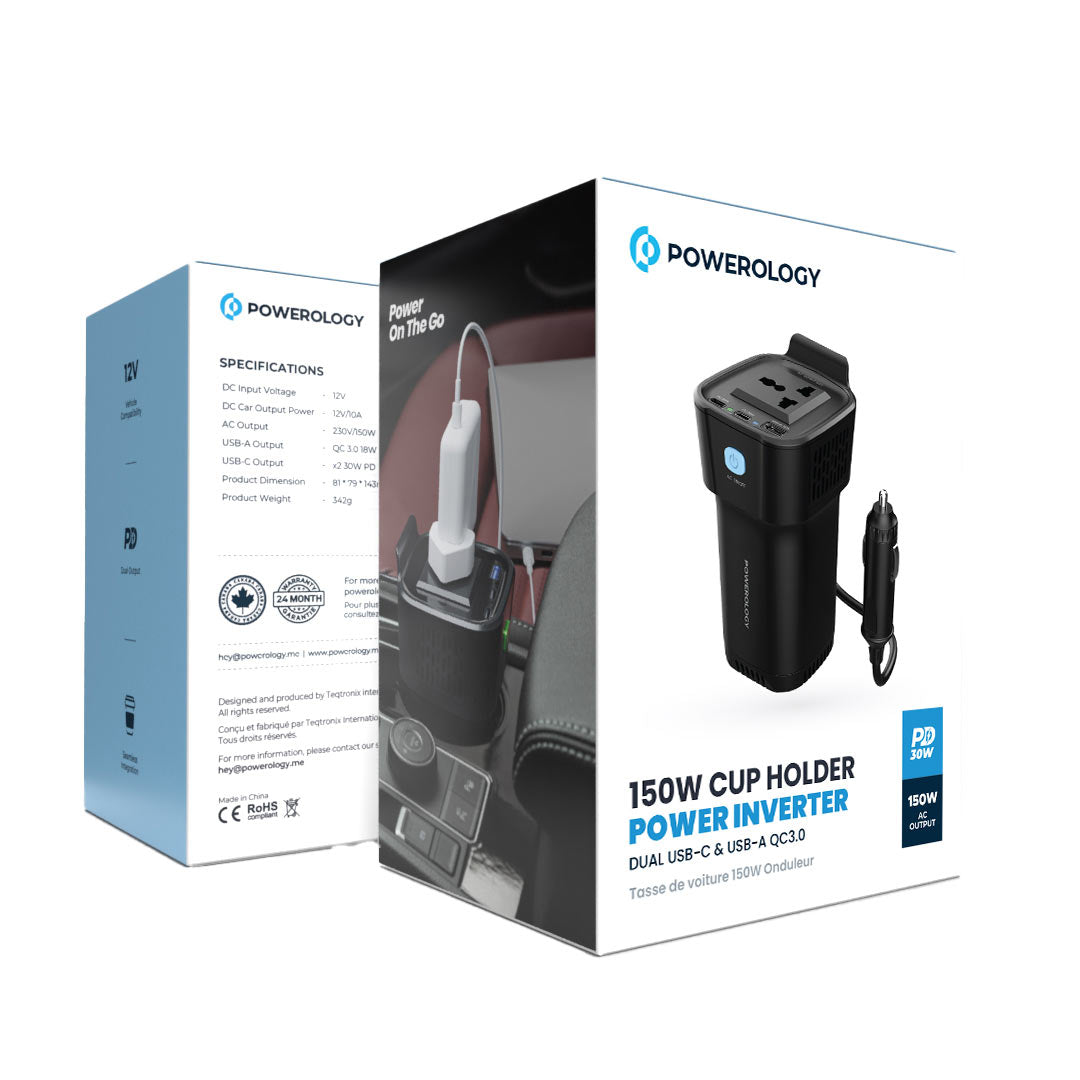 محول السيارة باورولوجي بقدرة 150 واط مع مخرج AC و 2 تايب سي و يو اس بي اي - اسود | Powerology 150W Inverter AC Universal USB A 2*Type-C DC Car 12V 10A - Black.