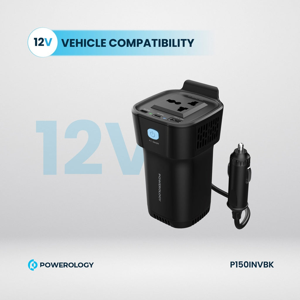 محول السيارة باورولوجي بقدرة 150 واط مع مخرج AC و 2 تايب سي و يو اس بي اي - اسود | Powerology 150W Inverter AC Universal USB A 2*Type-C DC Car 12V 10A - Black.
