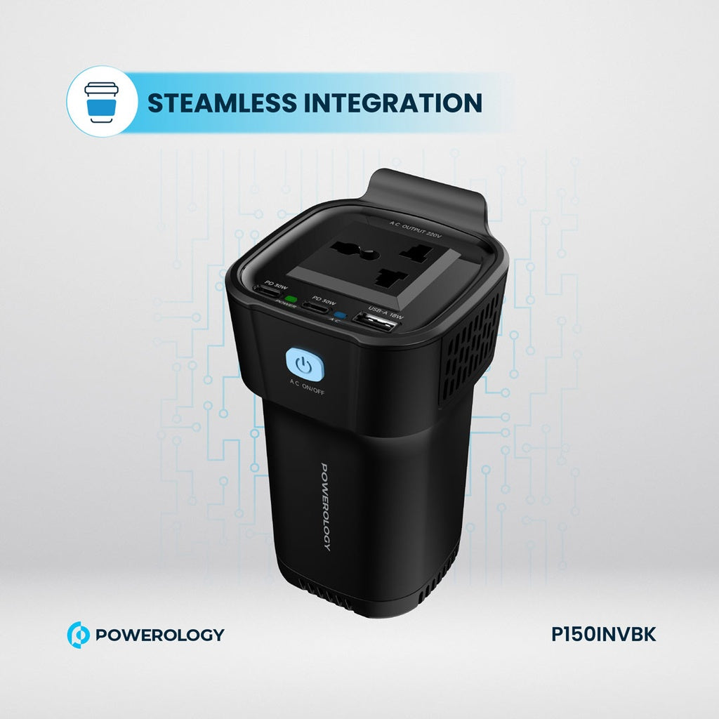 Powerology 150W Inverter AC Universal USB A 2type-C DC Car 12V10A - محول باورولوجي 150 واط للسيارة بمدخل ولاعة – بمنفذين Type-C وUSB-A ومخرج AC