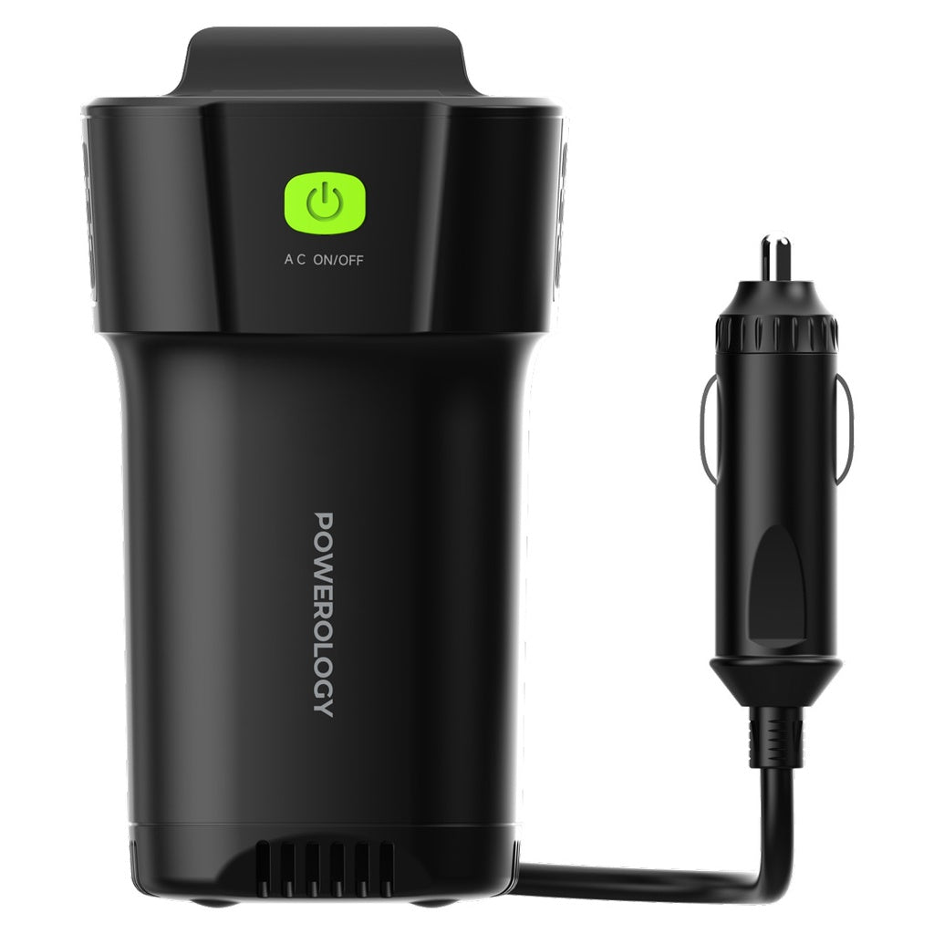 محول السيارة باورولوجي بقدرة 150 واط مع مخرج AC و 2 تايب سي و يو اس بي اي - اسود | Powerology 150W Inverter AC Universal USB A 2*Type-C DC Car 12V 10A - Black.