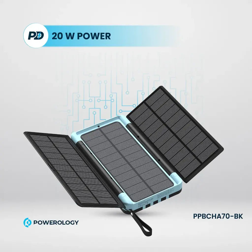 بور بانك باورولوجي, شحن بالطاقة الشمسية, متعدد الكيبلات وبسعة 16000 مللي امبير - اسود | Powerology 16000mAh Solar Multi-Cable Power Bank - Black.