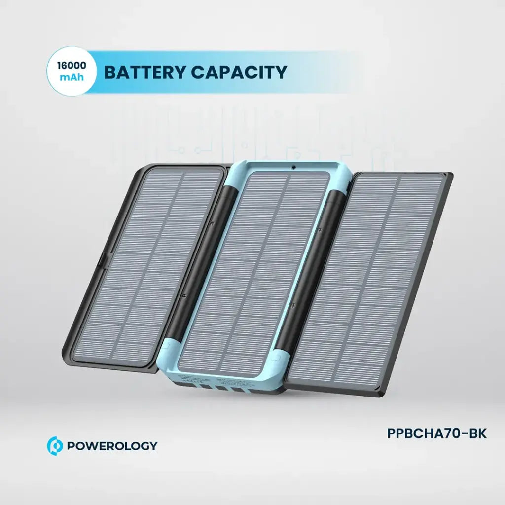 بور بانك باورولوجي, شحن بالطاقة الشمسية, متعدد الكيبلات وبسعة 16000 مللي امبير - اسود | Powerology 16000mAh Solar Multi-Cable Power Bank - Black.