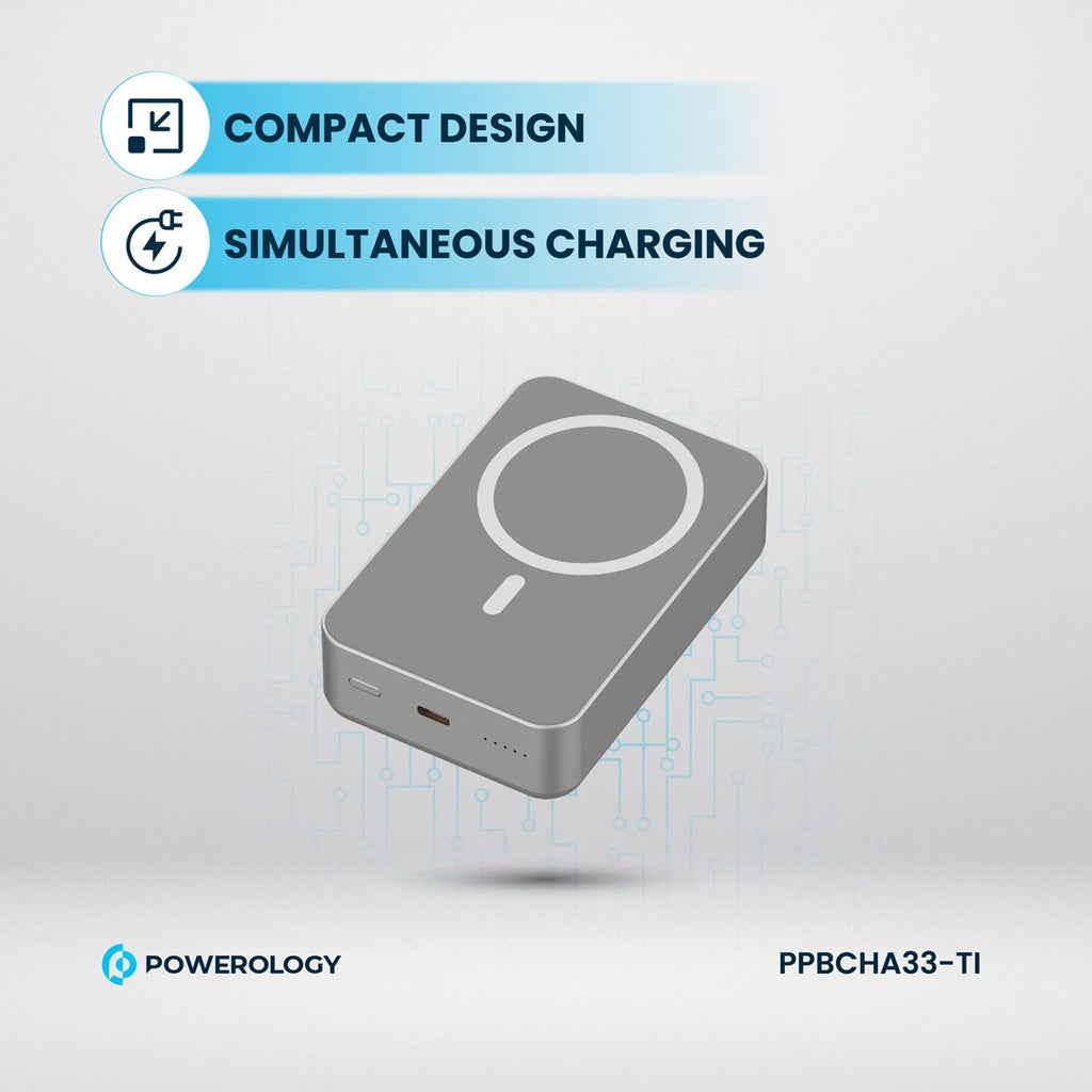 باور بانك باورولوجي المنيوم 20000mAh ومتوافق مع ماج سيف, شحن سريع 20 واط - رمادي | Powerology 20000mAh MagSafe Aluminum Power Bank – 20W PD – Grey.