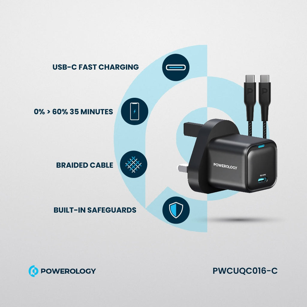 شاحن باورولوجي بقوة 20 واط بمنفذ تايب سي مع كيبل شحن تايب سي الى تايب سي بقوة 60 واط | Powerology 20W USB-C PD Wall Charger with 60W Type-C to C Cable.