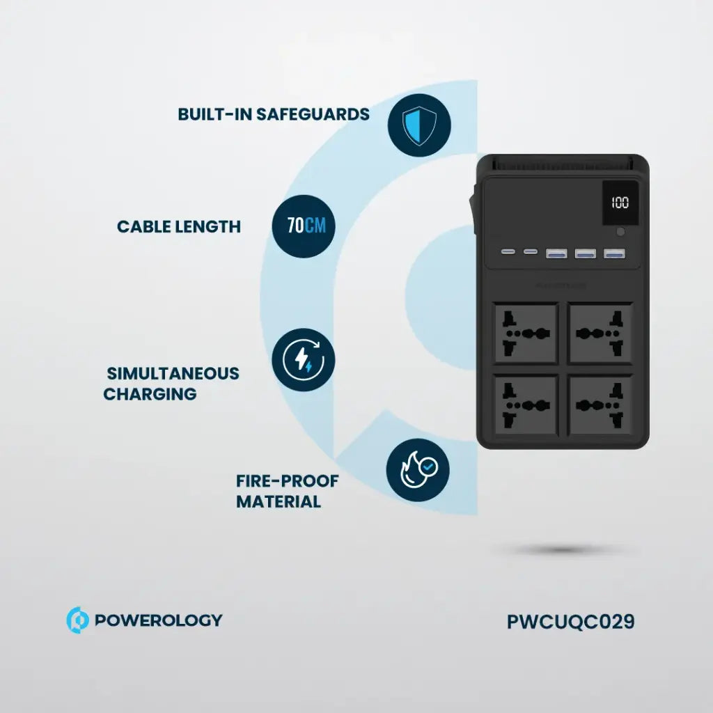 مشترك كهرباء باورولوجي 2500 واط مع 4 منافذ AC وكيبلات مدمجة قابلة للسحب - اسود | Powerology 2500W 4 AC Power Strip With Built-In Retractable Cables - Black