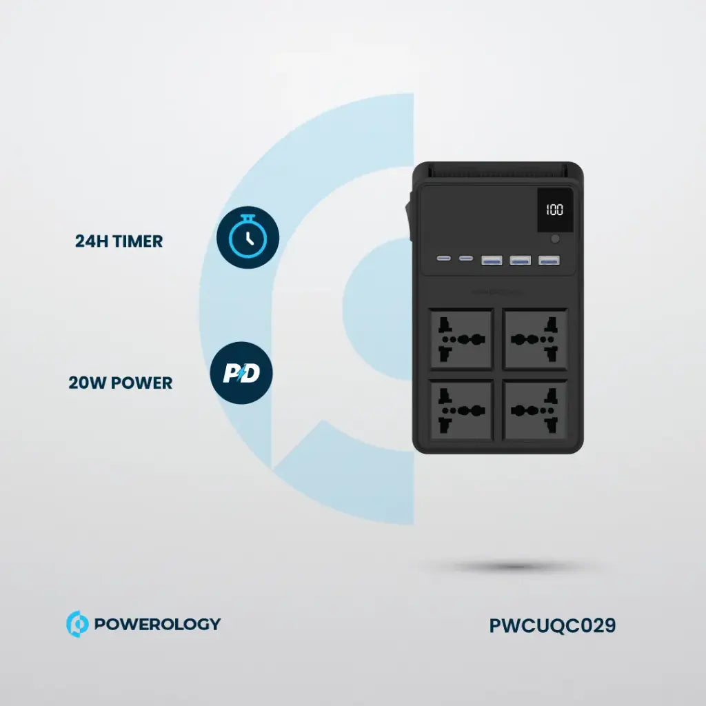 مشترك كهرباء باورولوجي 2500 واط مع 4 منافذ AC وكيبلات مدمجة قابلة للسحب - اسود | Powerology 2500W 4 AC Power Strip With Built-In Retractable Cables - Black