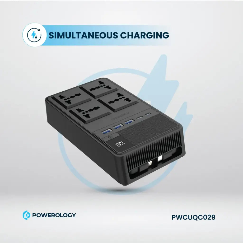 مشترك كهرباء باورولوجي 2500 واط مع 4 منافذ AC وكيبلات مدمجة قابلة للسحب - اسود | Powerology 2500W 4 AC Power Strip With Built-In Retractable Cables - Black