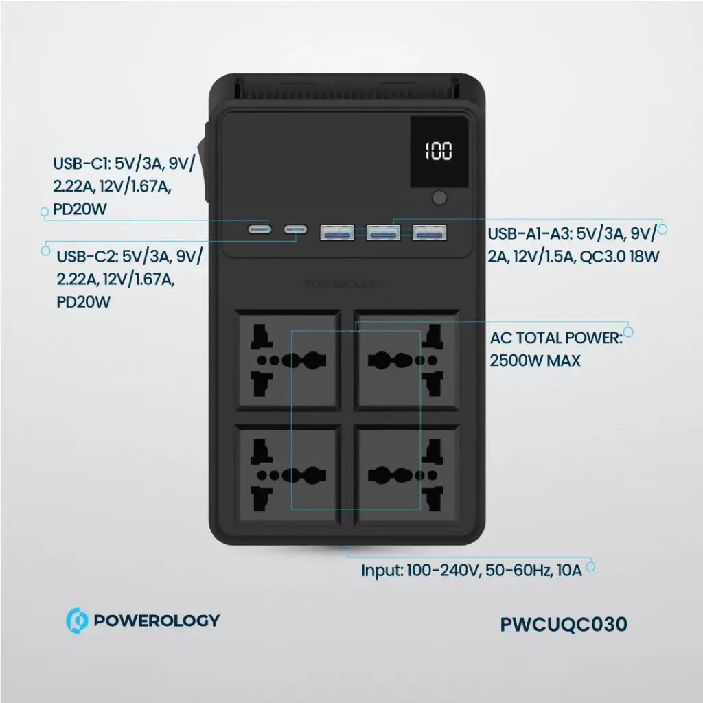 مشترك كهرباء باورولوجي 2500 واط مع 4 منافذ AC وكيبلات مدمجة قابلة للسحب - اسود | Powerology 2500W 4 AC Power Strip With Built-In Retractable Cables - Black