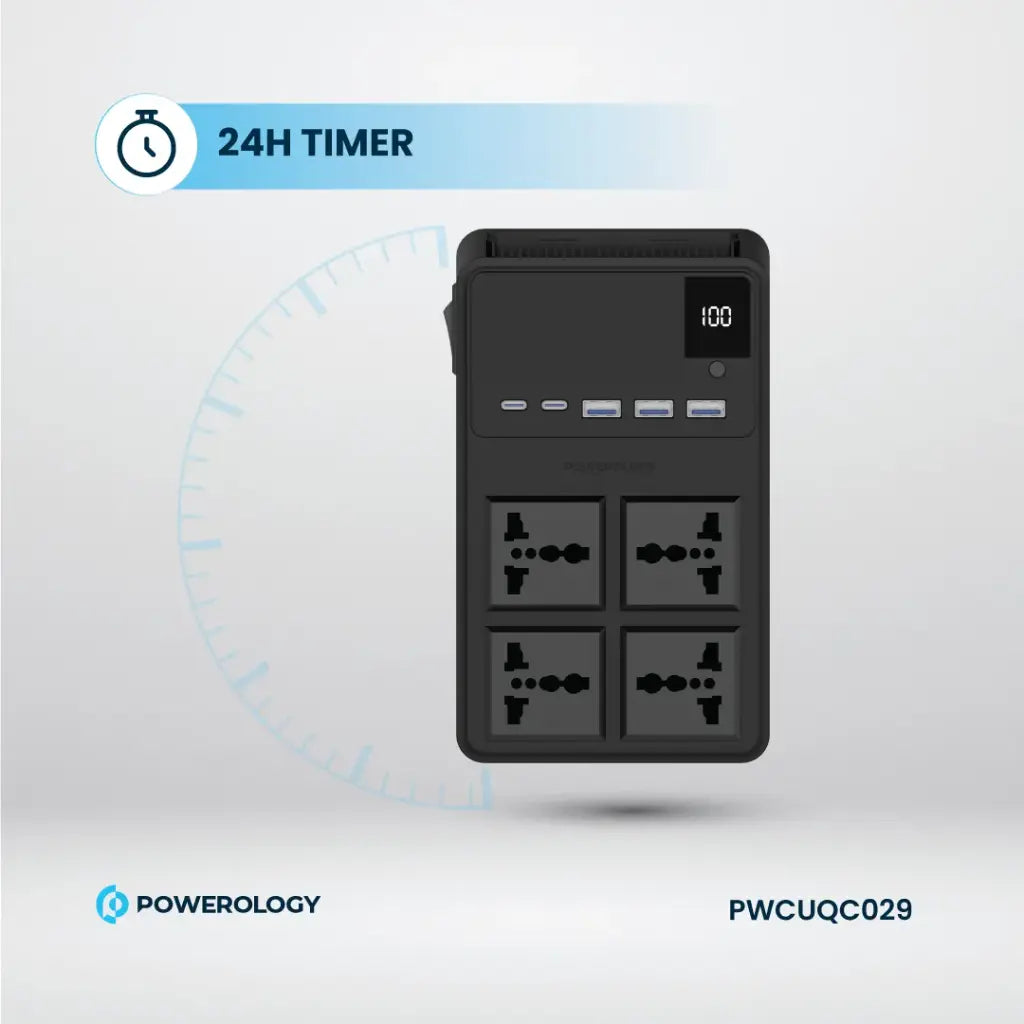 مشترك كهرباء باورولوجي 2500 واط مع 4 منافذ AC وكيبلات مدمجة قابلة للسحب - اسود | Powerology 2500W 4 AC Power Strip With Built-In Retractable Cables - Black