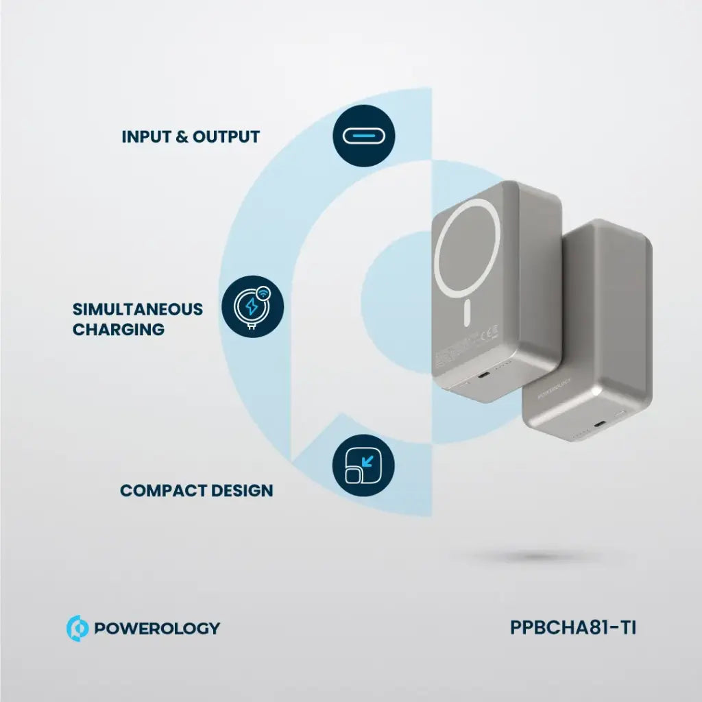 Bankeya Hêza Bêtêl a Powerology MagSafe, 30,000mAh, Barkirina 20W - Tîtanyûm | Bankeya Hêza Bêtêl a Powerology PD20W MagSafe 30000mAh – Tîtanyûm