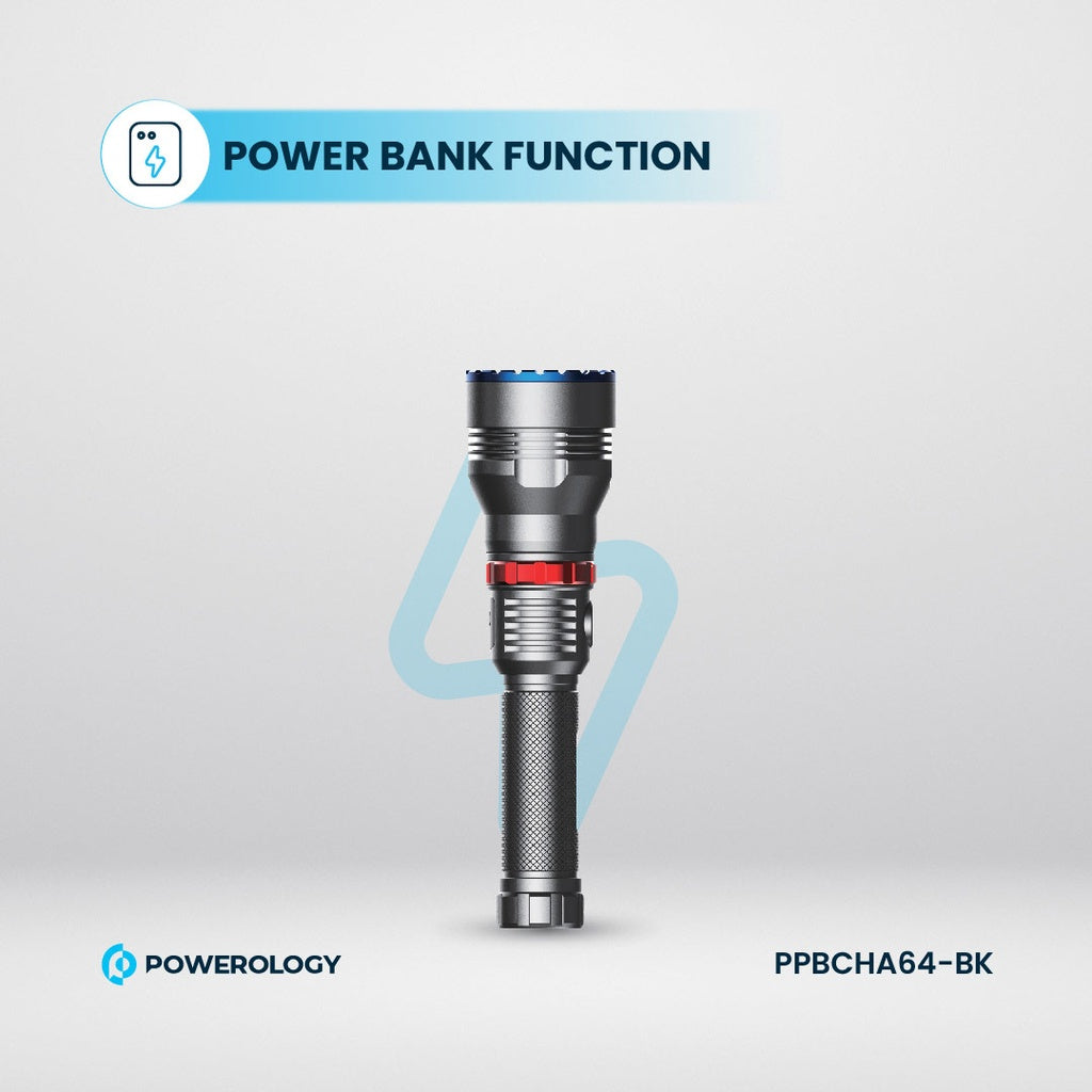 كشاف باورولوجي LED قابل لاعادة الشحن باضائة 1000 لومن, مدى 920 متر - اسود | Powerology 1000LM/900M Rechargeable LED Flash Light - Black.