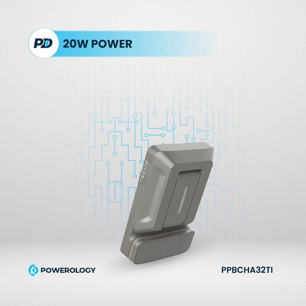 حامل هاتف للسيارة من باورولوجي مع شاحن لاسلكي مغناطيسي بقدرة 15 واط, وباور بانك 5000mAh | Powerology Car Mount with Magnetic Wireless Charger & 5000mAh Power Bank – 15W MagSafe Charging.