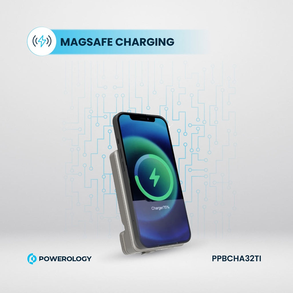حامل هاتف للسيارة من باورولوجي مع شاحن لاسلكي مغناطيسي بقدرة 15 واط, وباور بانك 5000mAh | Powerology Car Mount with Magnetic Wireless Charger & 5000mAh Power Bank – 15W MagSafe Charging.