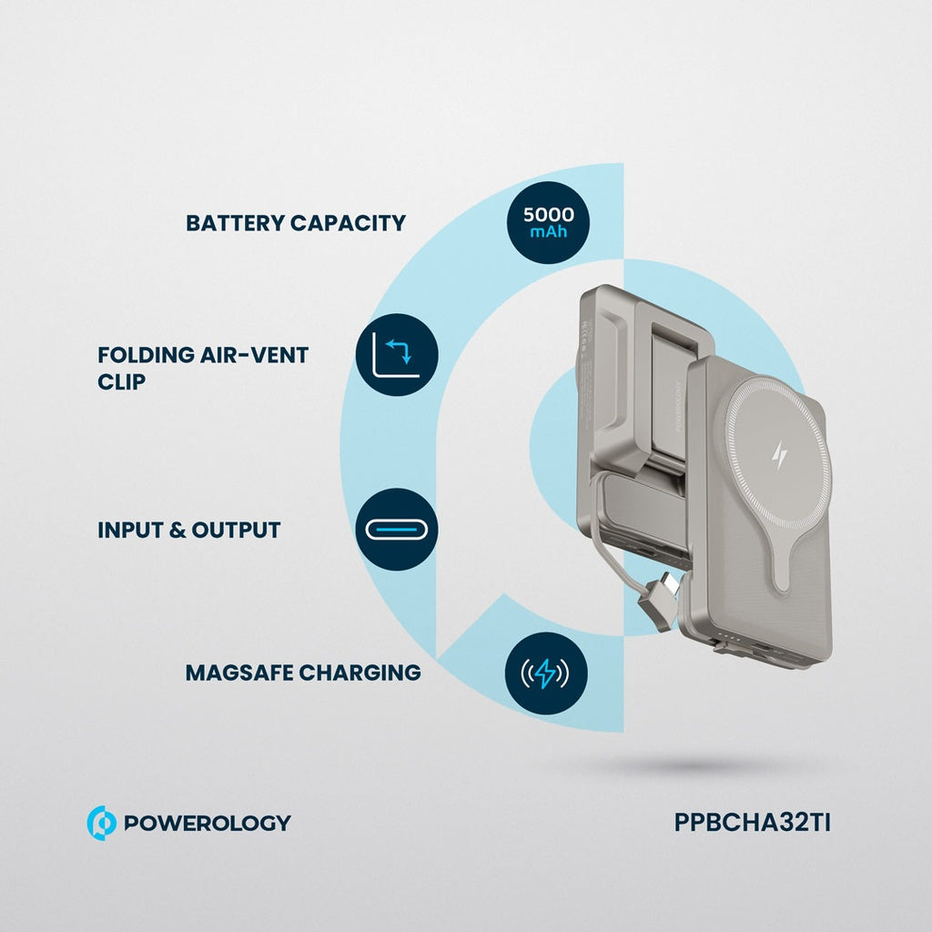 حامل هاتف للسيارة من باورولوجي مع شاحن لاسلكي مغناطيسي بقدرة 15 واط, وباور بانك 5000mAh | Powerology Car Mount with Magnetic Wireless Charger & 5000mAh Power Bank – 15W MagSafe Charging.