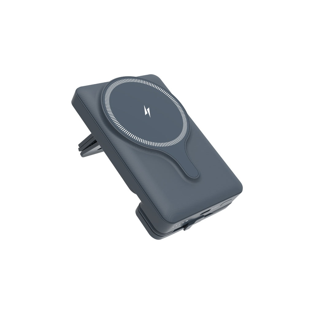 حامل هاتف للسيارة من باورولوجي مع شاحن لاسلكي مغناطيسي بقدرة 15 واط, وباور بانك 5000mAh | Powerology Car Mount with Magnetic Wireless Charger & 5000mAh Power Bank – 15W MagSafe Charging.
