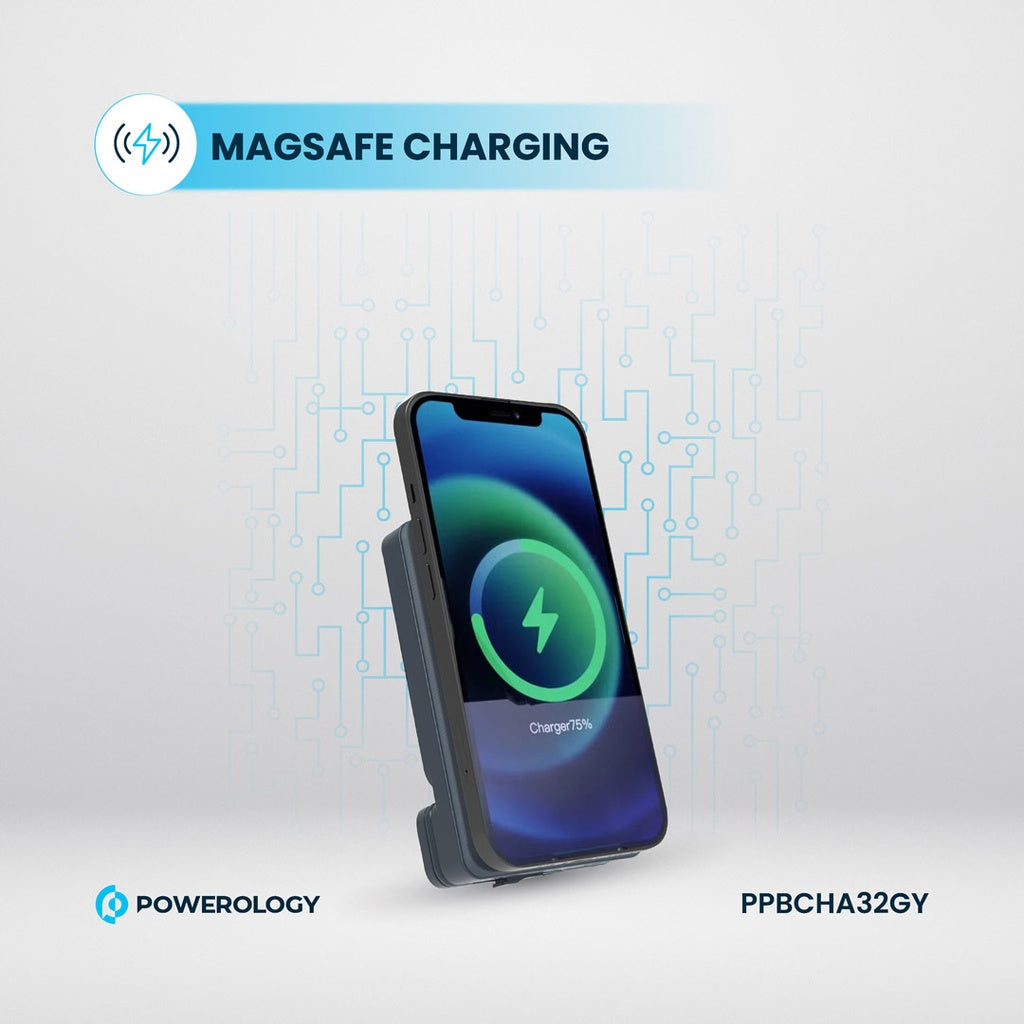 حامل هاتف للسيارة من باورولوجي مع شاحن لاسلكي مغناطيسي بقدرة 15 واط, وباور بانك 5000mAh | Powerology Car Mount with Magnetic Wireless Charger & 5000mAh Power Bank – 15W MagSafe Charging.