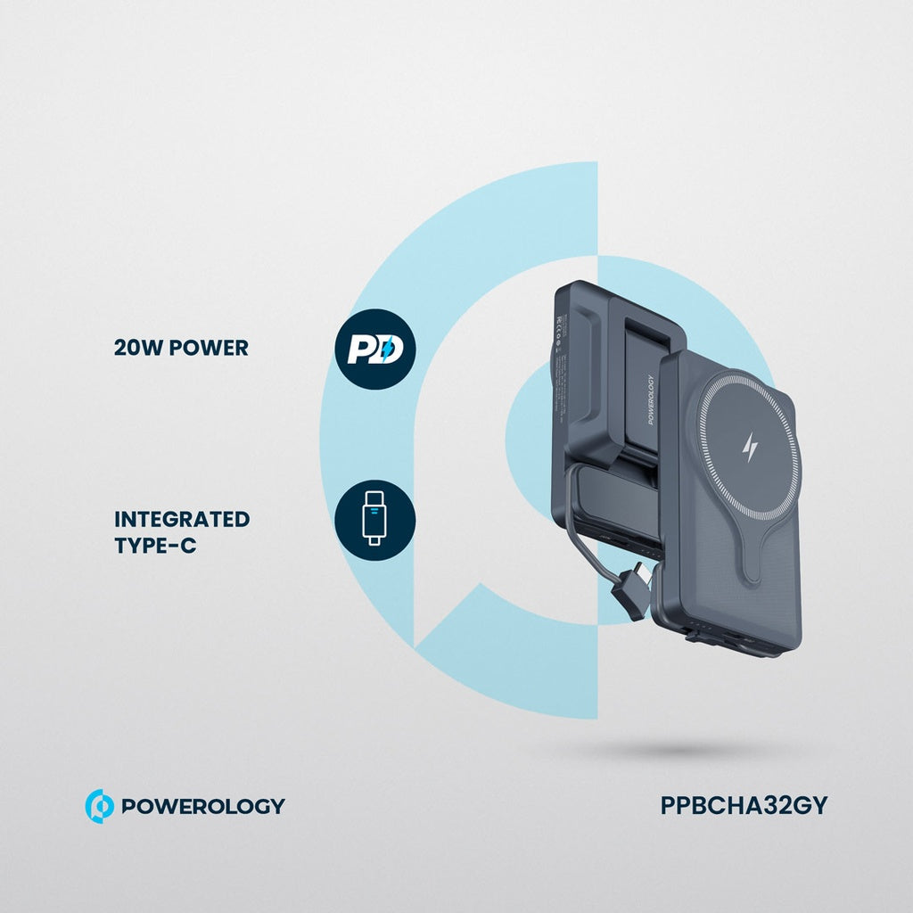حامل هاتف للسيارة من باورولوجي مع شاحن لاسلكي مغناطيسي بقدرة 15 واط, وباور بانك 5000mAh | Powerology Car Mount with Magnetic Wireless Charger & 5000mAh Power Bank – 15W MagSafe Charging.