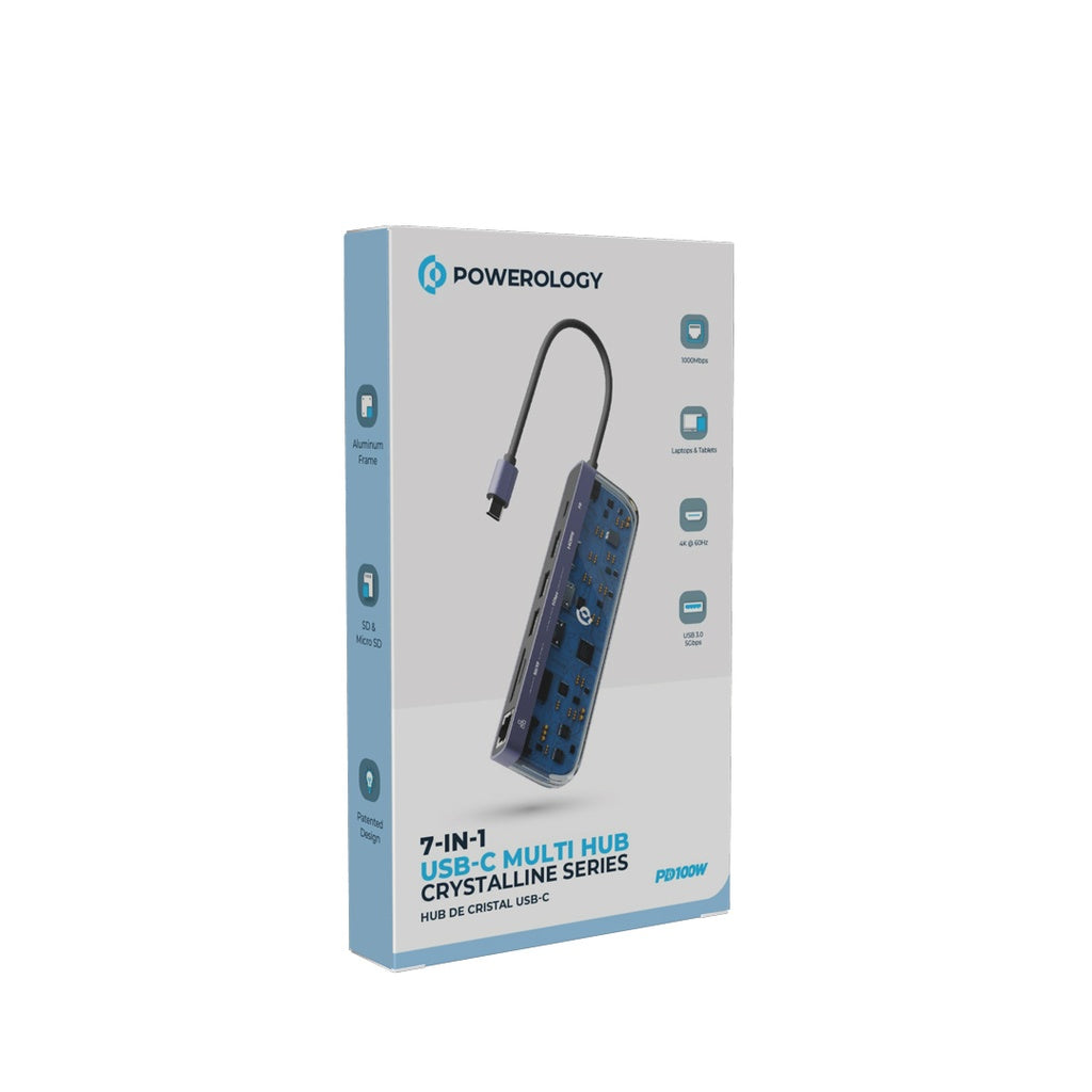 موزع يو اس بي سي 7 في 1 من باورولوجي كريستالين بمنفذ شحن سريع 100 واط - شفاف | Powerology Crystalline Series 7 in 1 USB-C Multi Hub PD 100W - Transparent.