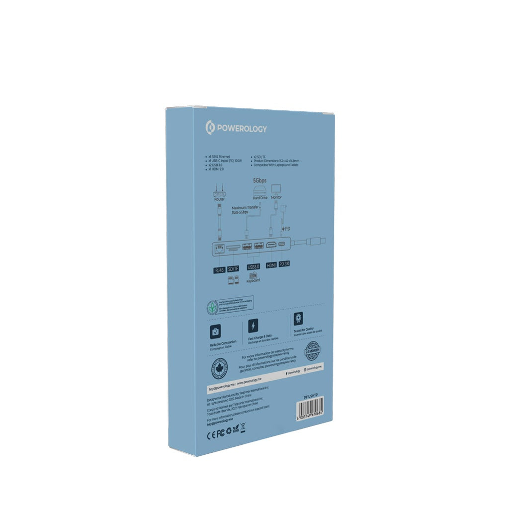 موزع يو اس بي سي 7 في 1 من باورولوجي كريستالين بمنفذ شحن سريع 100 واط - شفاف | Powerology Crystalline Series 7 in 1 USB-C Multi Hub PD 100W - Transparent.