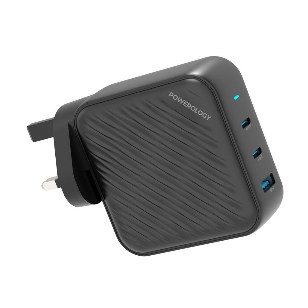 باورولوجي شاحن جداري GaN بقدرة 140 واط مع منفذي يو اس بي سي ومنفذ يو اس بي اي - اسود | Powerology 140W PD QC 2xUSB-C and 1xUSB-A GaN Charger UK – Black.