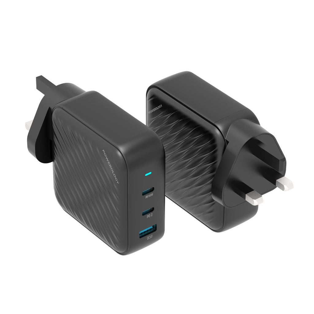 باورولوجي شاحن جداري GaN بقدرة 140 واط مع منفذي يو اس بي سي ومنفذ يو اس بي اي - اسود | Powerology 140W PD QC 2xUSB-C and 1xUSB-A GaN Charger UK – Black.