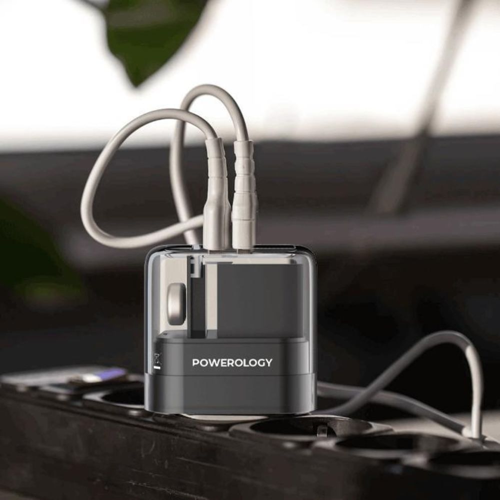 شاحن باورولوجي كريستالين 35 واط بمنفذين يو اس بي سي وتصميم شفاف | Powerology Crystalline Series 35W PD Dual USB-C Wall Charger.