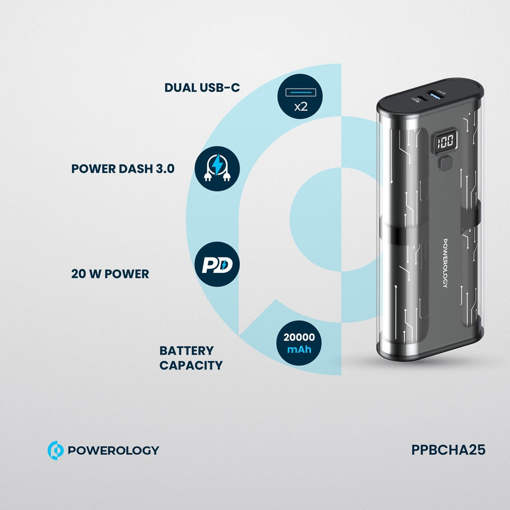 باور بانك باورولوجي كريستالين بسعة 20000 مللي امبير, شحن سريع بقدرة 65 واط - رمادي | Powerology Crystalline 20000mAh 65W Power Bank.
