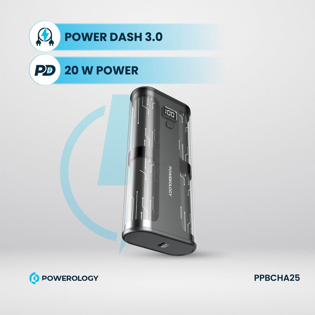 باور بانك باورولوجي كريستالين بسعة 20000 مللي امبير, شحن سريع بقدرة 65 واط - رمادي | Powerology Crystalline 20000mAh 65W Power Bank.