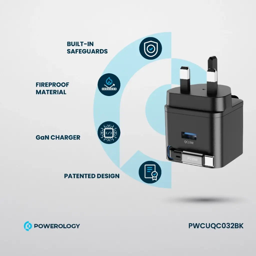 شاحن باورولوجي بقوة 35 واط مع كيبل تايب سي مدمج قابل للسحب, ومنفذ يو اس بي اي | Powerology GAN PD35W Dual-Port Charger with Retractable Cable.