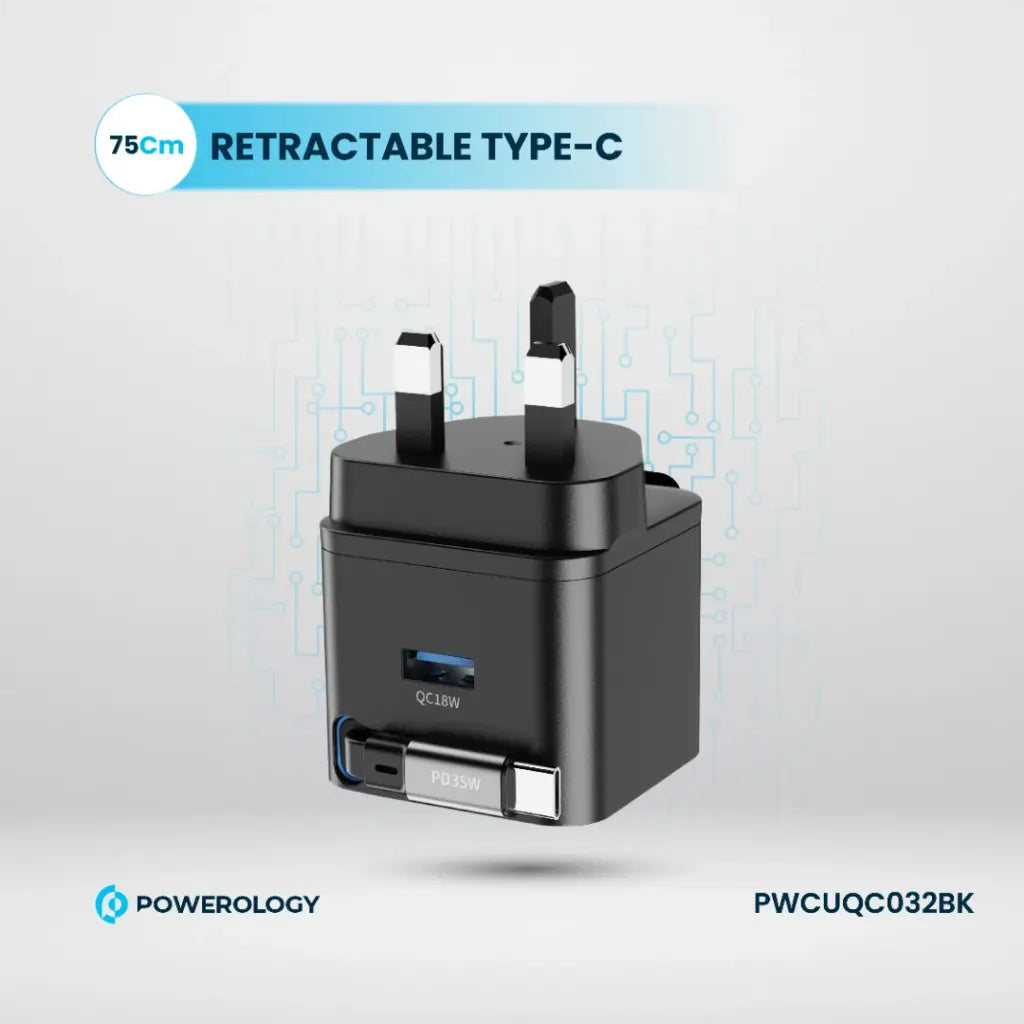 شاحن باورولوجي بقوة 35 واط مع كيبل تايب سي مدمج قابل للسحب, ومنفذ يو اس بي اي | Powerology GAN PD35W Dual-Port Charger with Retractable Cable.