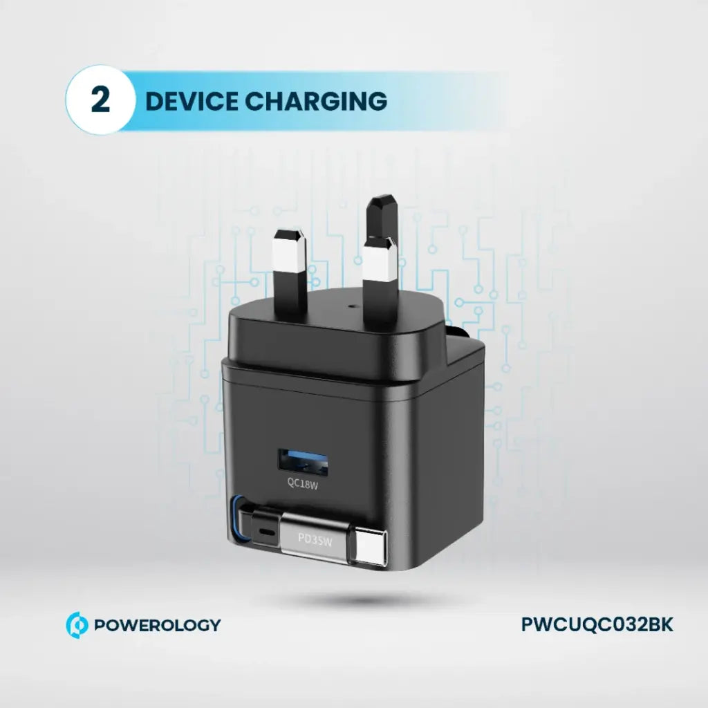 شاحن باورولوجي بقوة 35 واط مع كيبل تايب سي مدمج قابل للسحب, ومنفذ يو اس بي اي | Powerology GAN PD35W Dual-Port Charger with Retractable Cable.