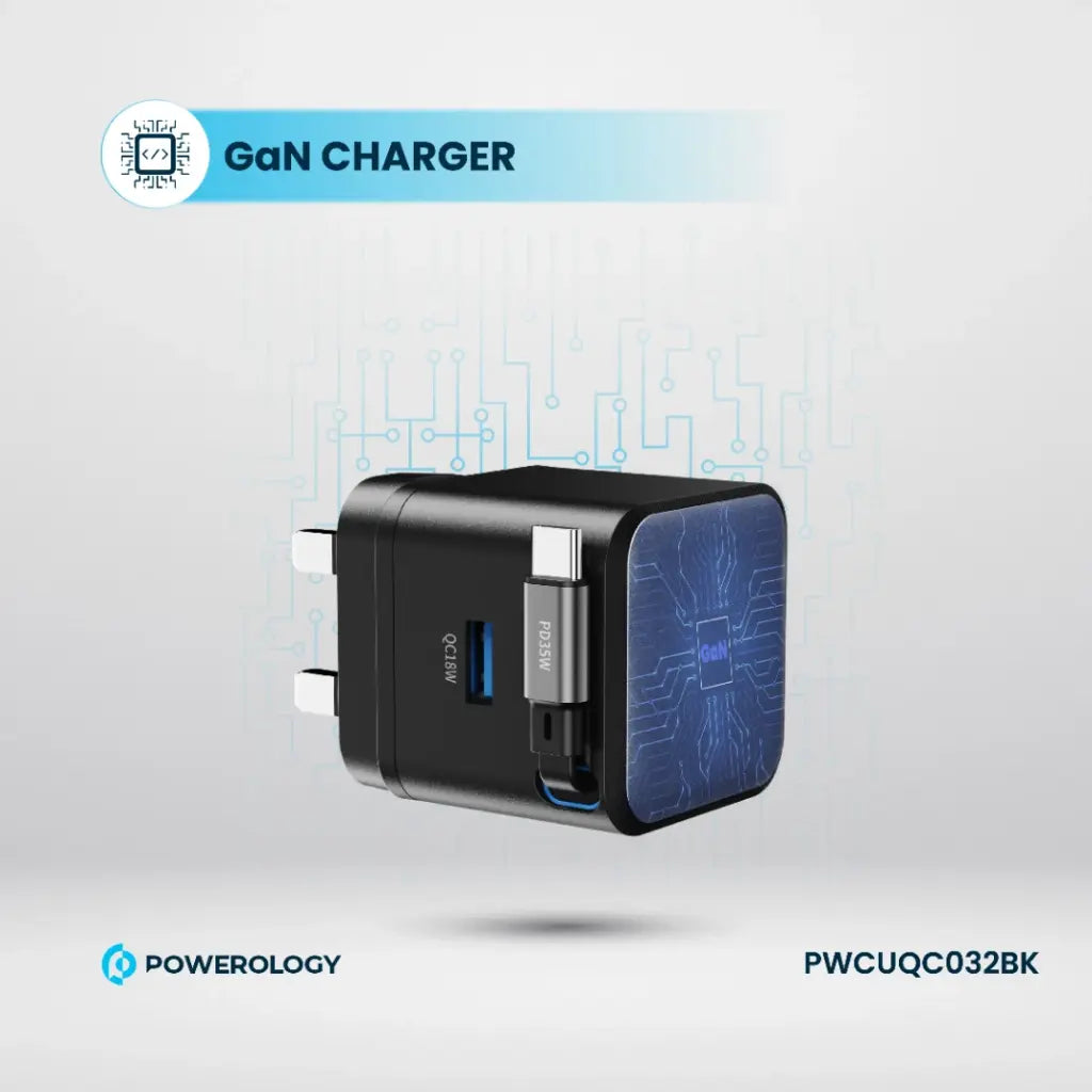 شاحن باورولوجي بقوة 35 واط مع كيبل تايب سي مدمج قابل للسحب, ومنفذ يو اس بي اي | Powerology GAN PD35W Dual-Port Charger with Retractable Cable.