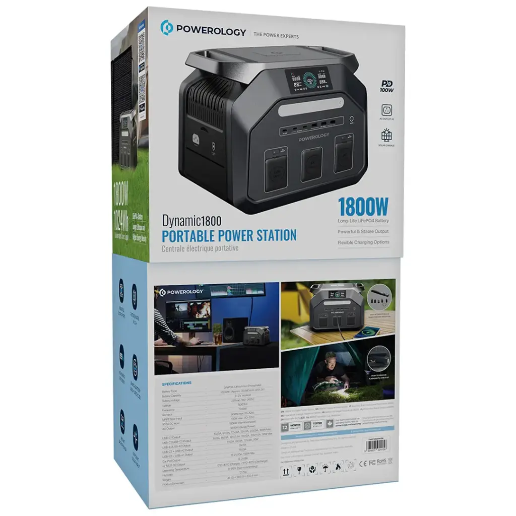 محطة طاقة باورولوجي المحمولة بقدرة 1800 واط وبسعة 1024 واط /ساعة - اسود | Powerology 1800W Portable Power Station with 1024Wh Capacity – Black