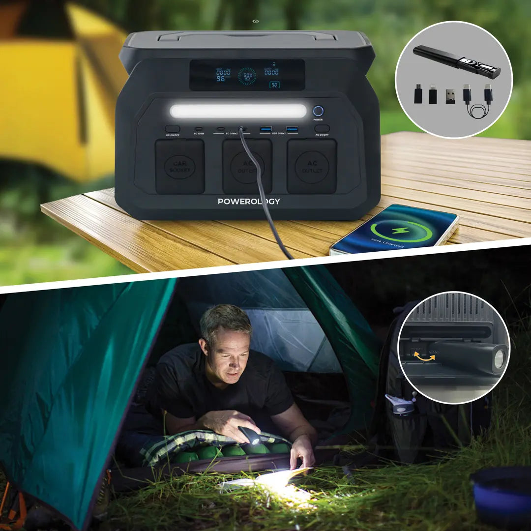 محطة طاقة محمولة باورولوجي بقدرة 800 واط بسعة 512 واط / ساعة - اسود | Powerology 800W Portable Power Station with 512Wh Capacity – Black