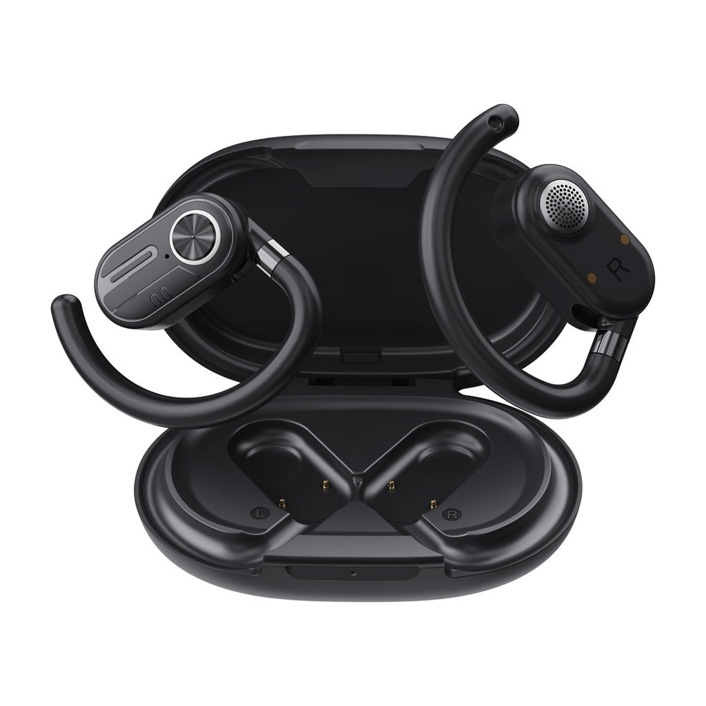 سماعات باورولوجي اللاسلكية بتقنية التوصيل الهوائي مع علبة شحن بشاشة عرض - اسود | Powerology ENC TWS Air Conduction Earbuds and Charging Case with Display 50mAh8 - Black.