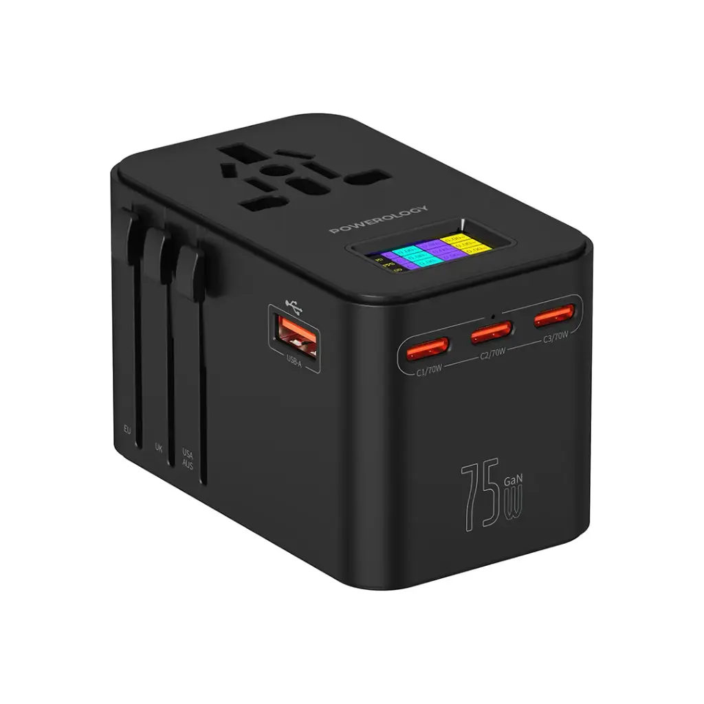 محول للسفر من باورولوجي, ب 3 منافذ PD بقدرة 70 واط - اسود | Powerology PD75W*3 USB-C GaN Travel Adapter - Black.