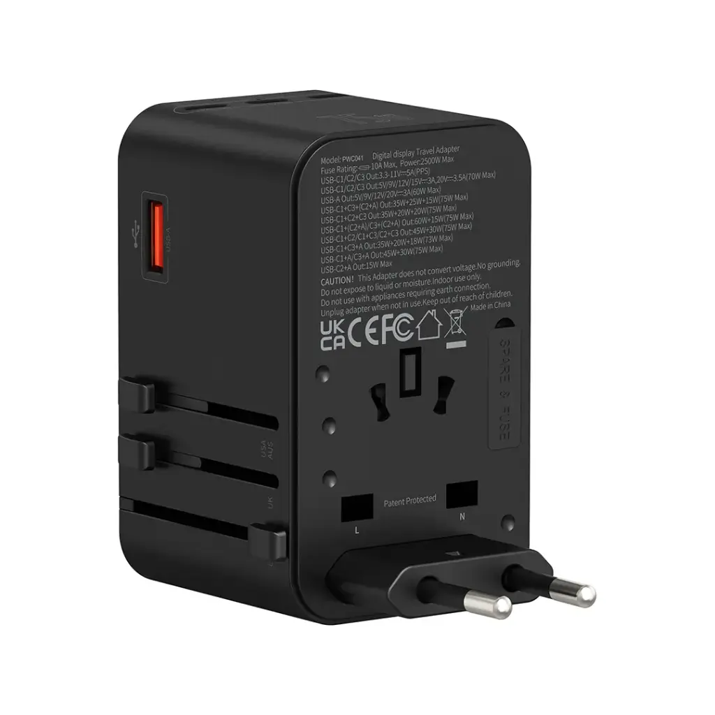 محول للسفر من باورولوجي, ب 3 منافذ PD بقدرة 70 واط - اسود | Powerology PD75W*3 USB-C GaN Travel Adapter - Black.