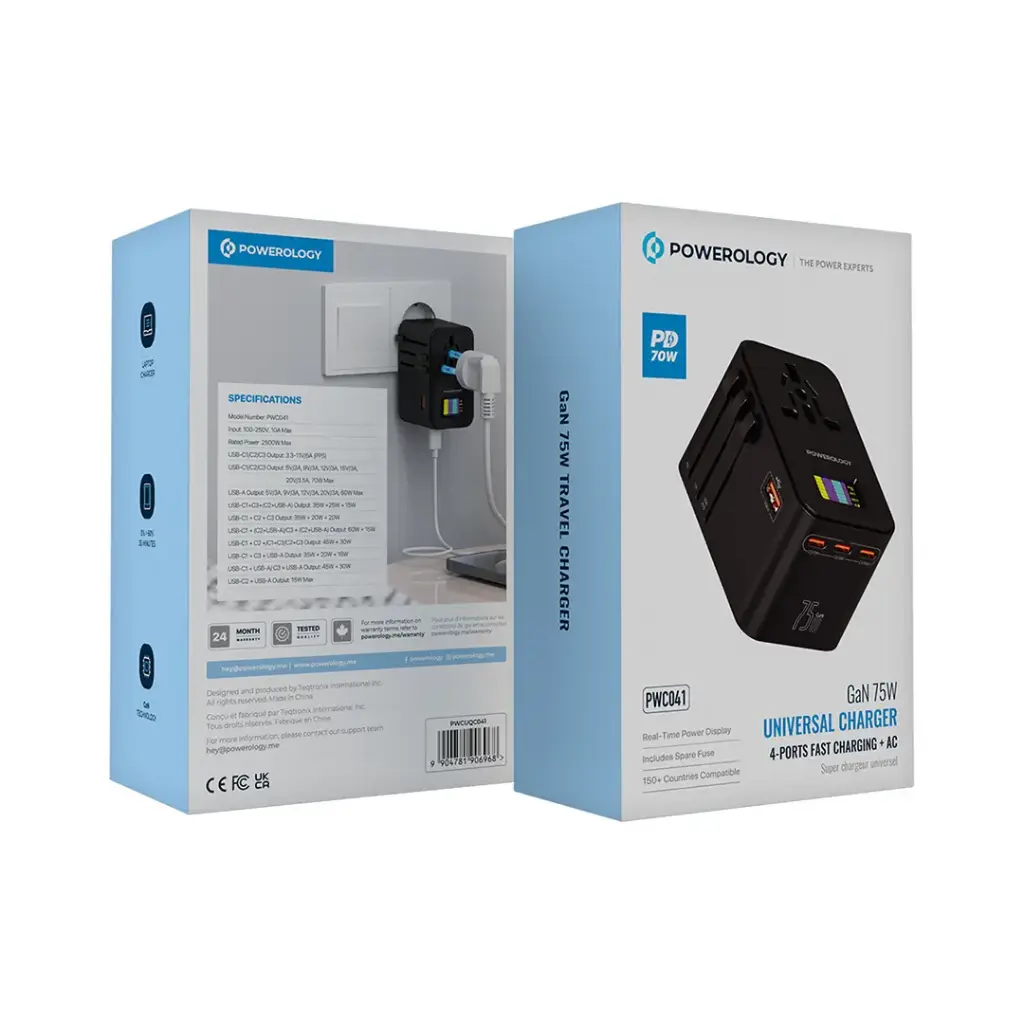 محول للسفر من باورولوجي, ب 3 منافذ PD بقدرة 70 واط - اسود | Powerology PD75W*3 USB-C GaN Travel Adapter - Black.