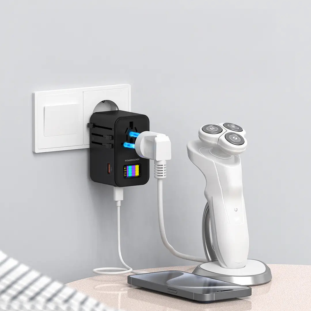 محول للسفر من باورولوجي, ب 3 منافذ PD بقدرة 70 واط - اسود | Powerology PD75W*3 USB-C GaN Travel Adapter - Black.