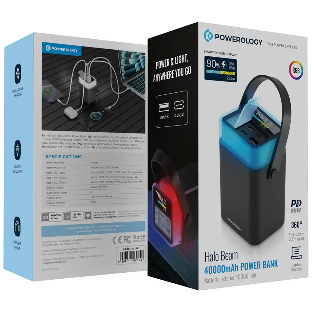 Bankeya Hêzê ya Powerology Halo Beam, 40,000mAh, 65W PD - Reş