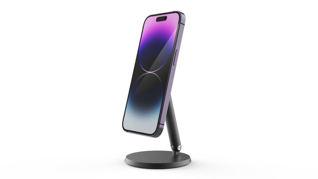 حامل للهاتف ماج سيف مغناطيسي مكتبي قابل للدوران 360 درجة من باورولوجي - رمادي | Powerology Rotatable Desktop MagSafe Phone Stand with 17*N52 Magnets – Dark Grey.