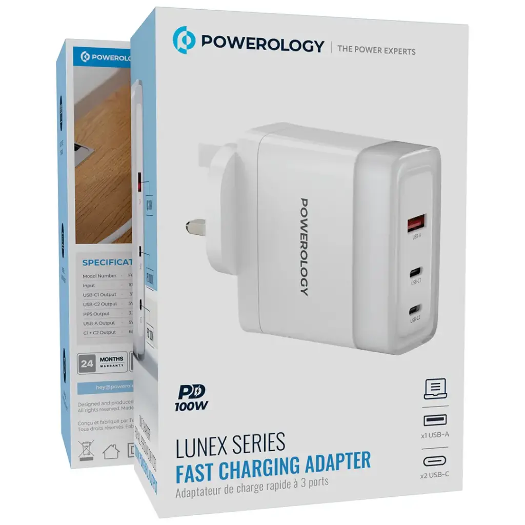 شاحن باورولوجي لايف ستايل ب 3 منافذ للشحن مع شحن سريع بقدرة 100 واط - ابيض | Powerology 3-Port Fast Charging Adapter – White