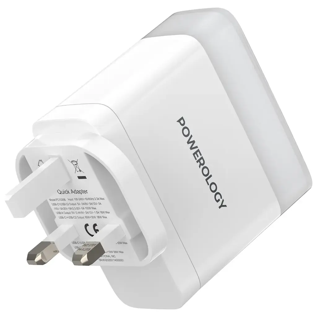 شاحن باورولوجي لايف ستايل ب 3 منافذ للشحن مع شحن سريع بقدرة 100 واط - ابيض | Powerology 3-Port Fast Charging Adapter – White