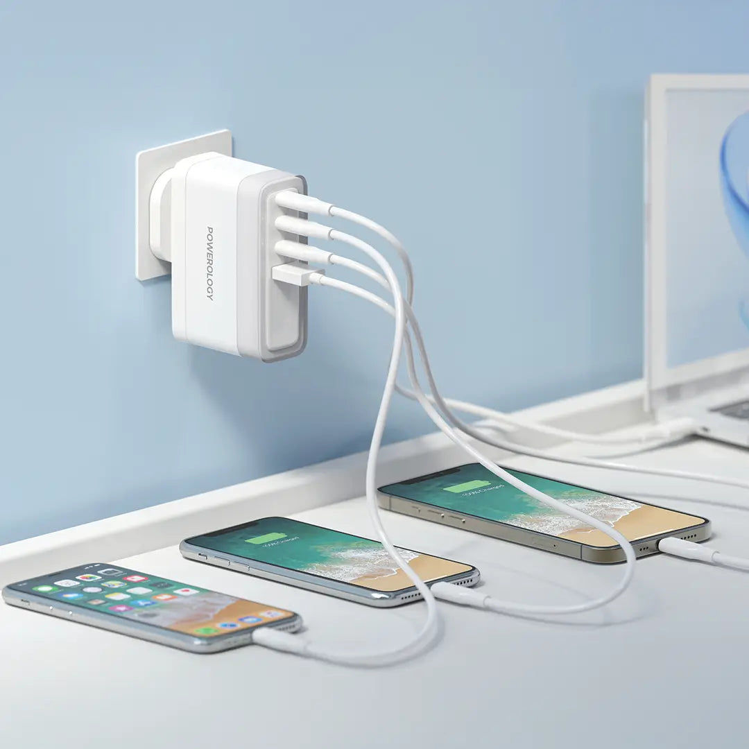 شاحن باورولوجي ب 4 منافذ للشحن مع شحن سريع بقدرة 140 واط - ابيض | Powerology 4-Port Fast Charging Adapter, 140W PD – White
