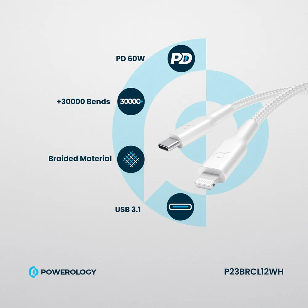 Powerology Braided PD 60W Type-C to Lightning Cable 1.2M - كيبل سريع الشحن بقوة 60واط وطول 1.2متر من تايب سي الى لايتننغ من باورلوجي