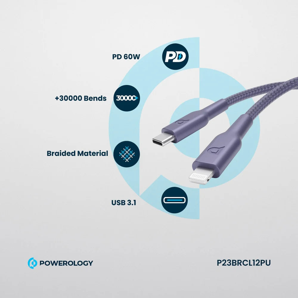 Powerology Braided PD 60W Type-C to Lightning Cable 1.2M - كيبل سريع الشحن بقوة 60واط وطول 1.2متر من تايب سي الى لايتننغ من باورلوجي